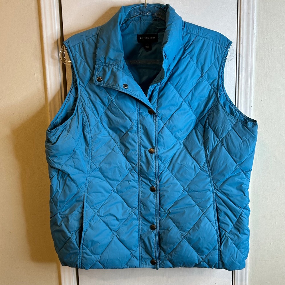 Lands End Womens Blue Quilted Down Puffer Vest Size L 14-16 Snap Front Pocket